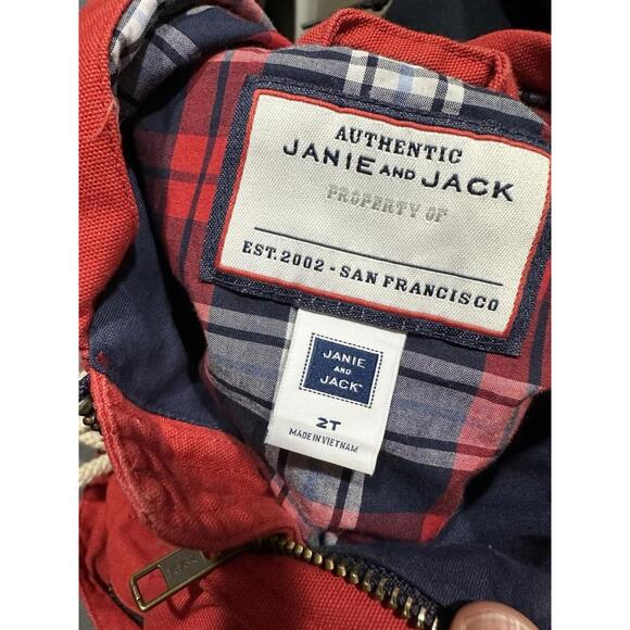 Authentic Janie and Jack 2T Red Hooded Cotton Toggle Jacket Coat Plaid Lined - Picture 4 of 5